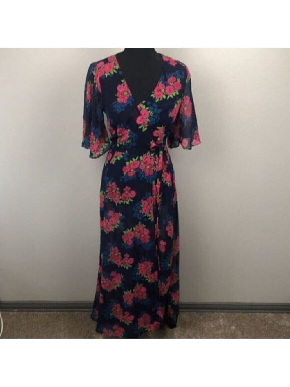 Zara Blue Maxi Wrap Dress Sheer Floral Chiffon V-Neck Short Flutter Sleeve S - Picture 7 of 15